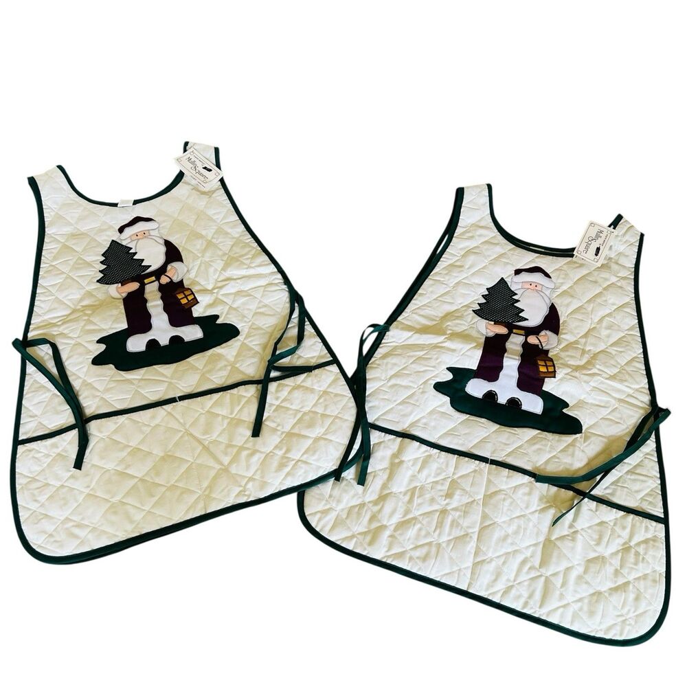 VTG Christmas Santa Quilted Applique Apron Mullins Square Smock Santa USA NEW 2